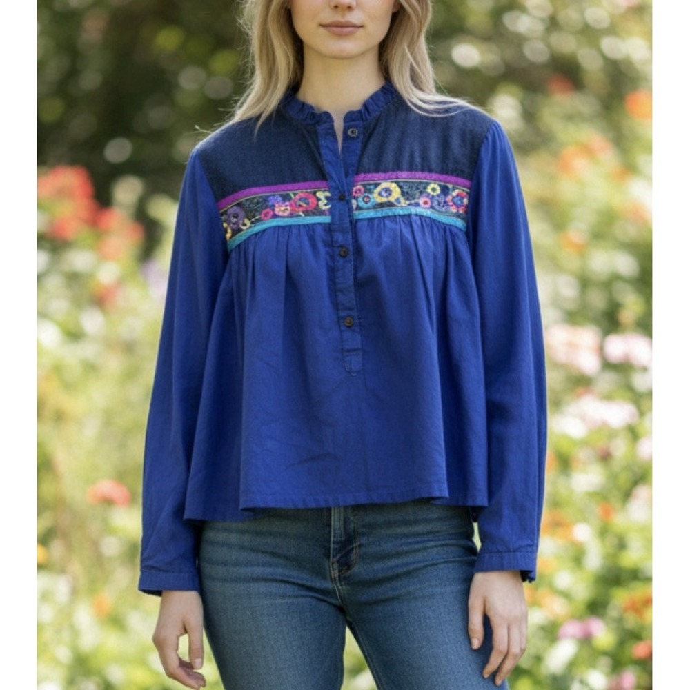 ETRO Milano Blue Cotton Embroidered Crop Peasant Blouse Shirt 42 M Boho Folk